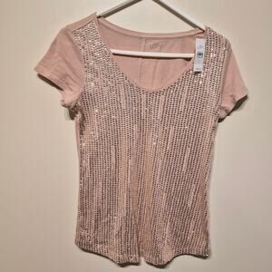 LOFT Small NWT Light Pink/Tan Short Sleeve Sequin Bead Top Sparkle Shine